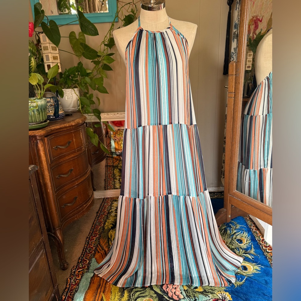 A. Calin Flying Tomato Dress Striped Halter Maxi Size Large
